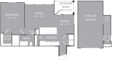 Floor plan for 1 bed, 1 bath, 840 sqft